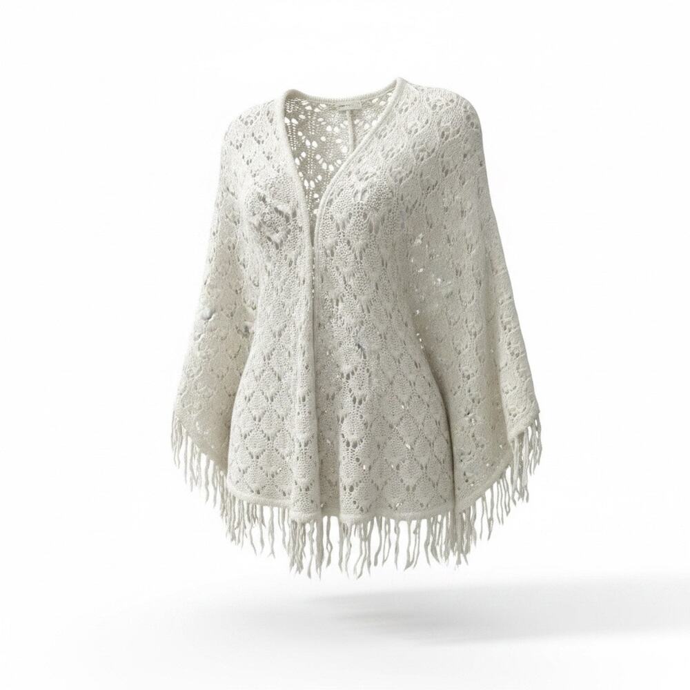 Anthro Sleeping On Snow Ivory Knit Fringe Poncho Cardigan Boho Open Front OS